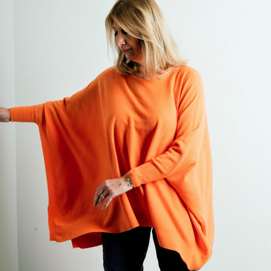 Orange Asymmetric Box Fit Supersoft Fine Knit Jumper With Batwing Sleeve - Amilu