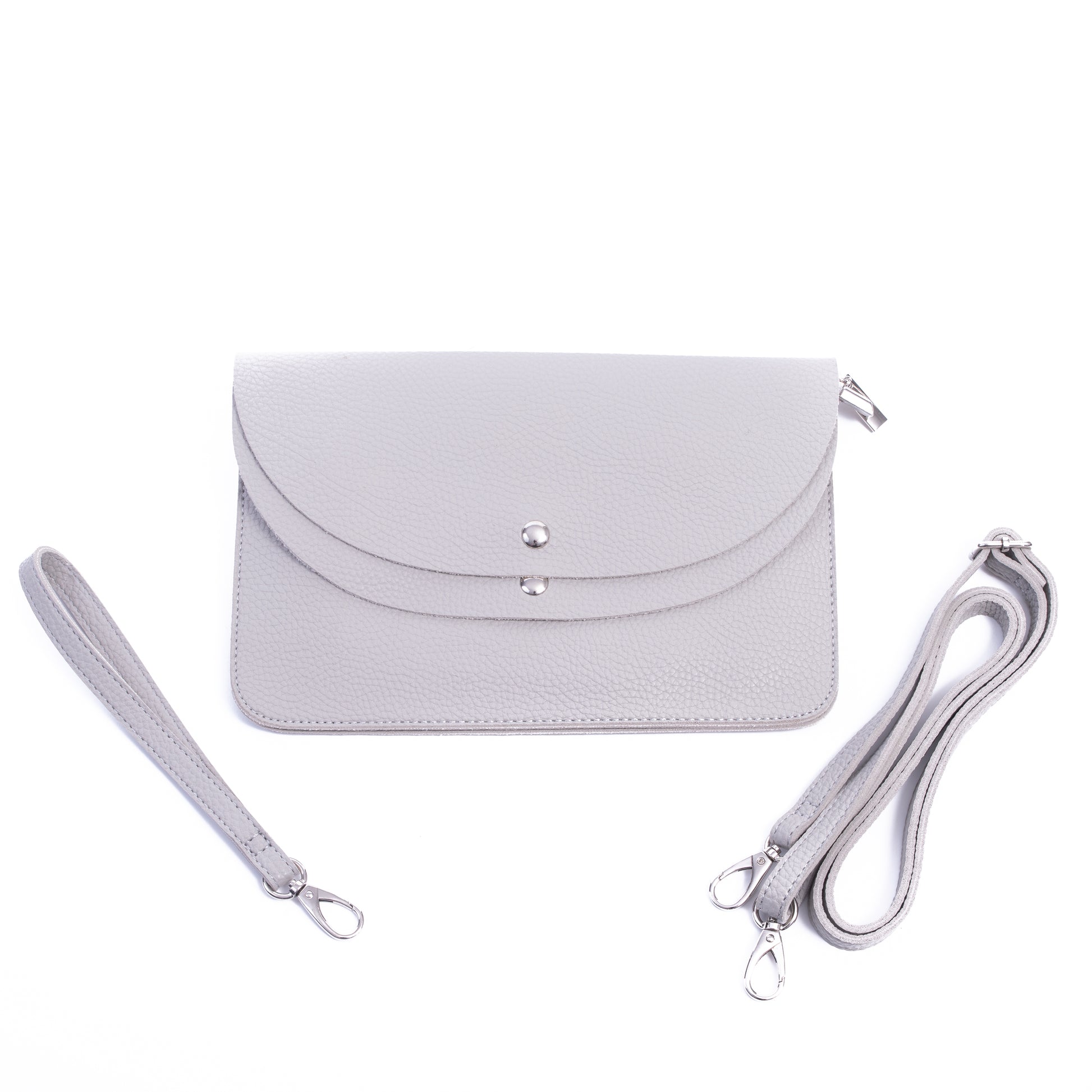 Pale Grey Pebbled Grain Envelope Clutch Bag with Additional Cross Body and Wrist Strap - Amilu