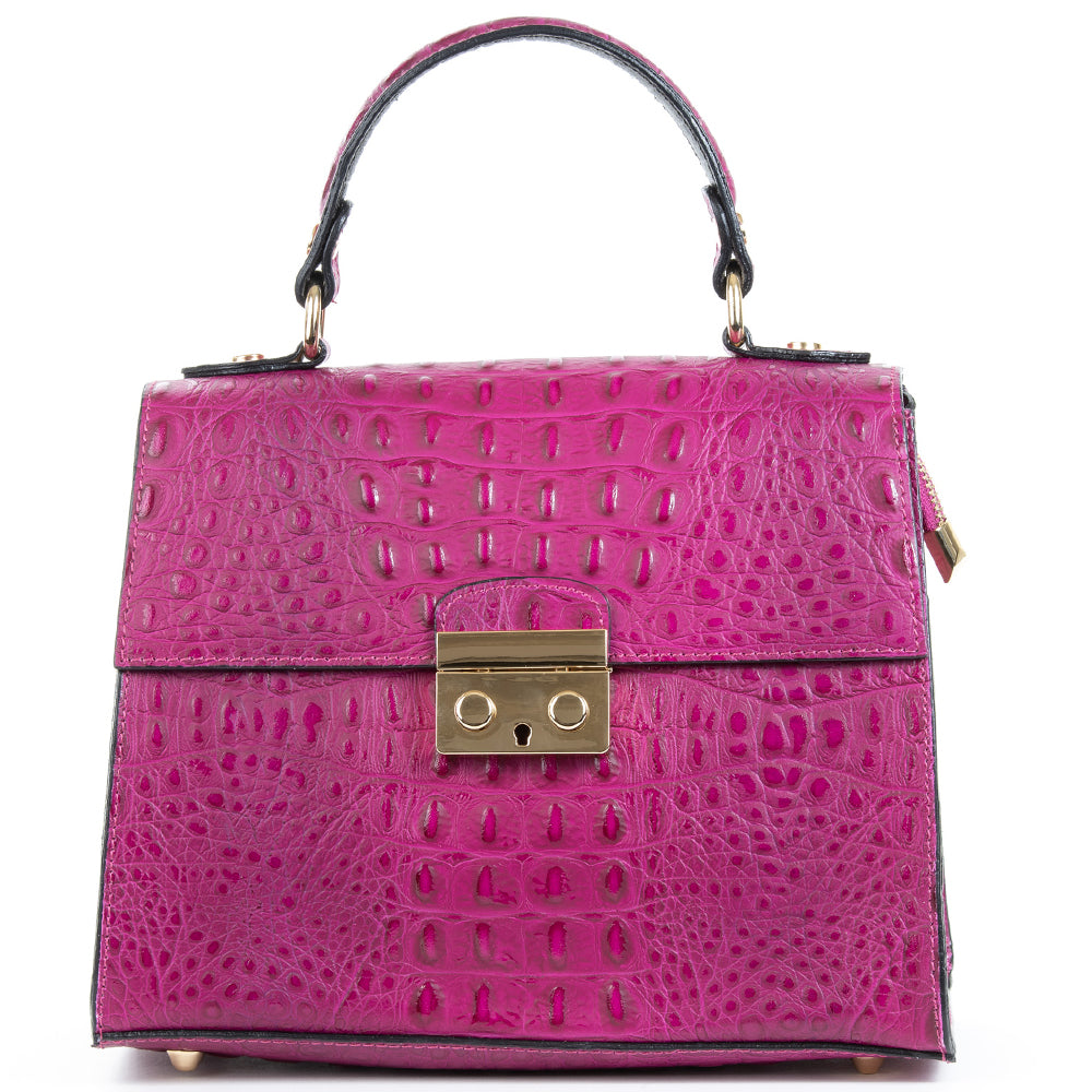 Magenta Pink Real Italian Leather Croc Satchel Tote Bag - Amilu
