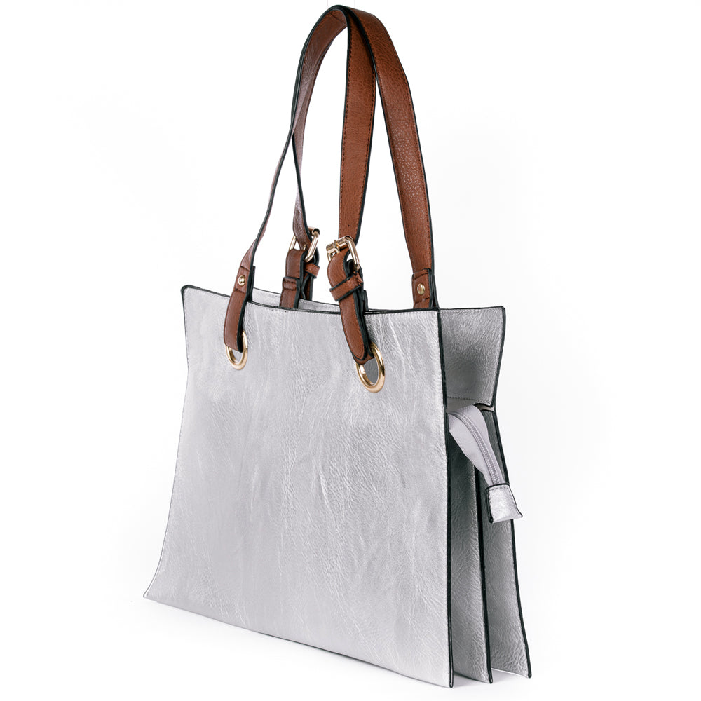 Metallic Silver Faux Leather Shopper Bag - Amilu