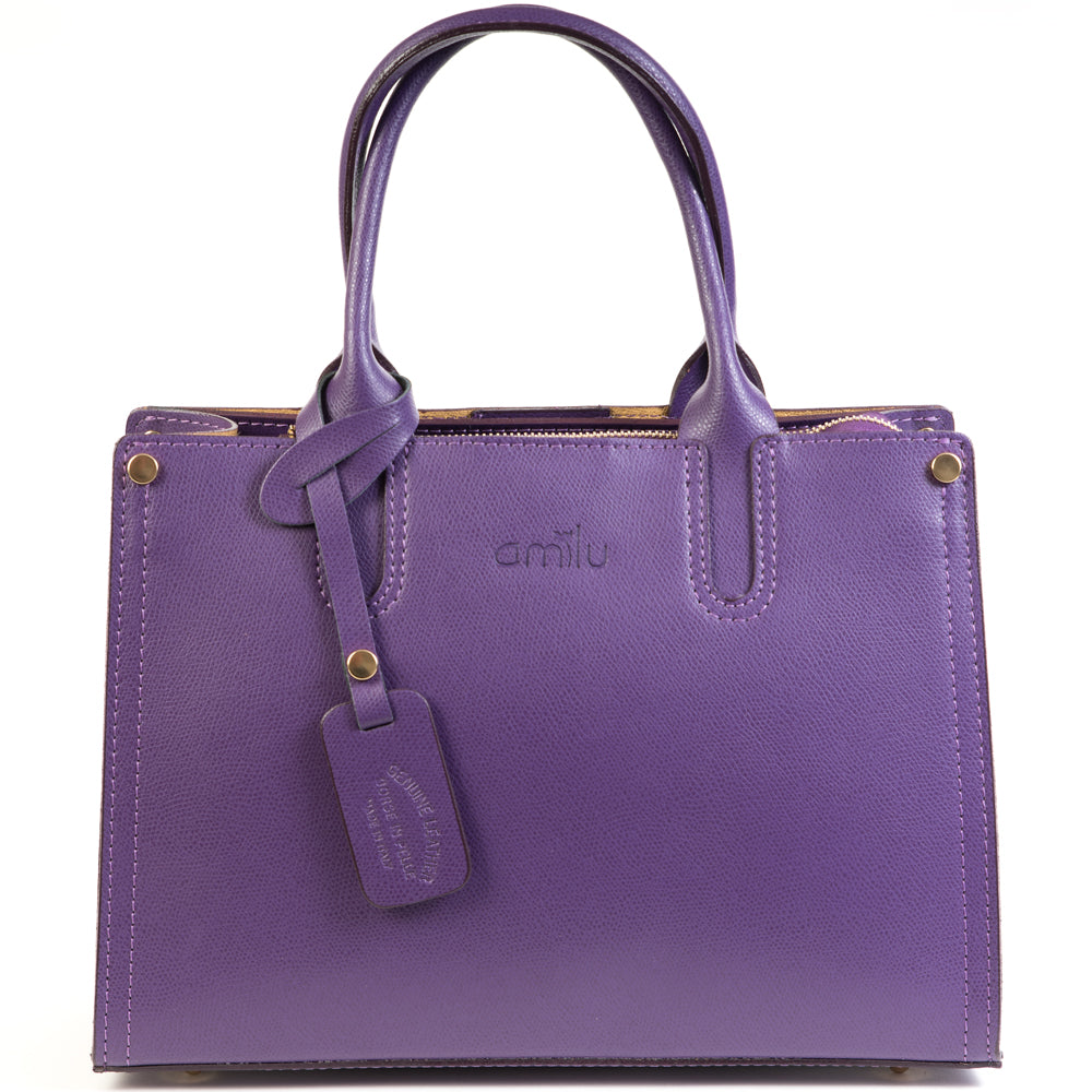 Purple Real Textured Leather Grab Tote Bag - Amilu