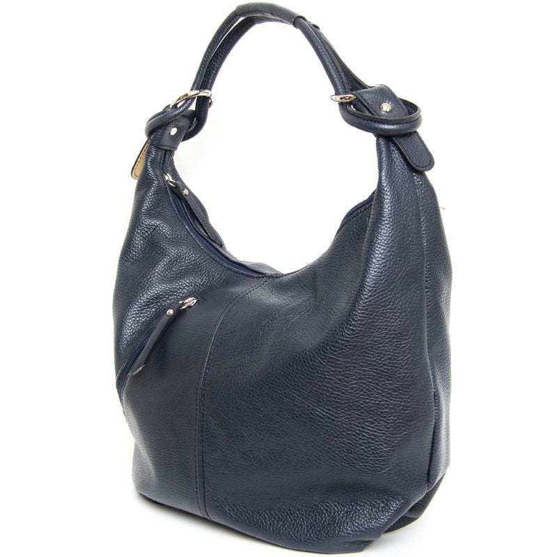 Classic Navy Blue Real Leather Slouch Shoulder Bag - Amilu