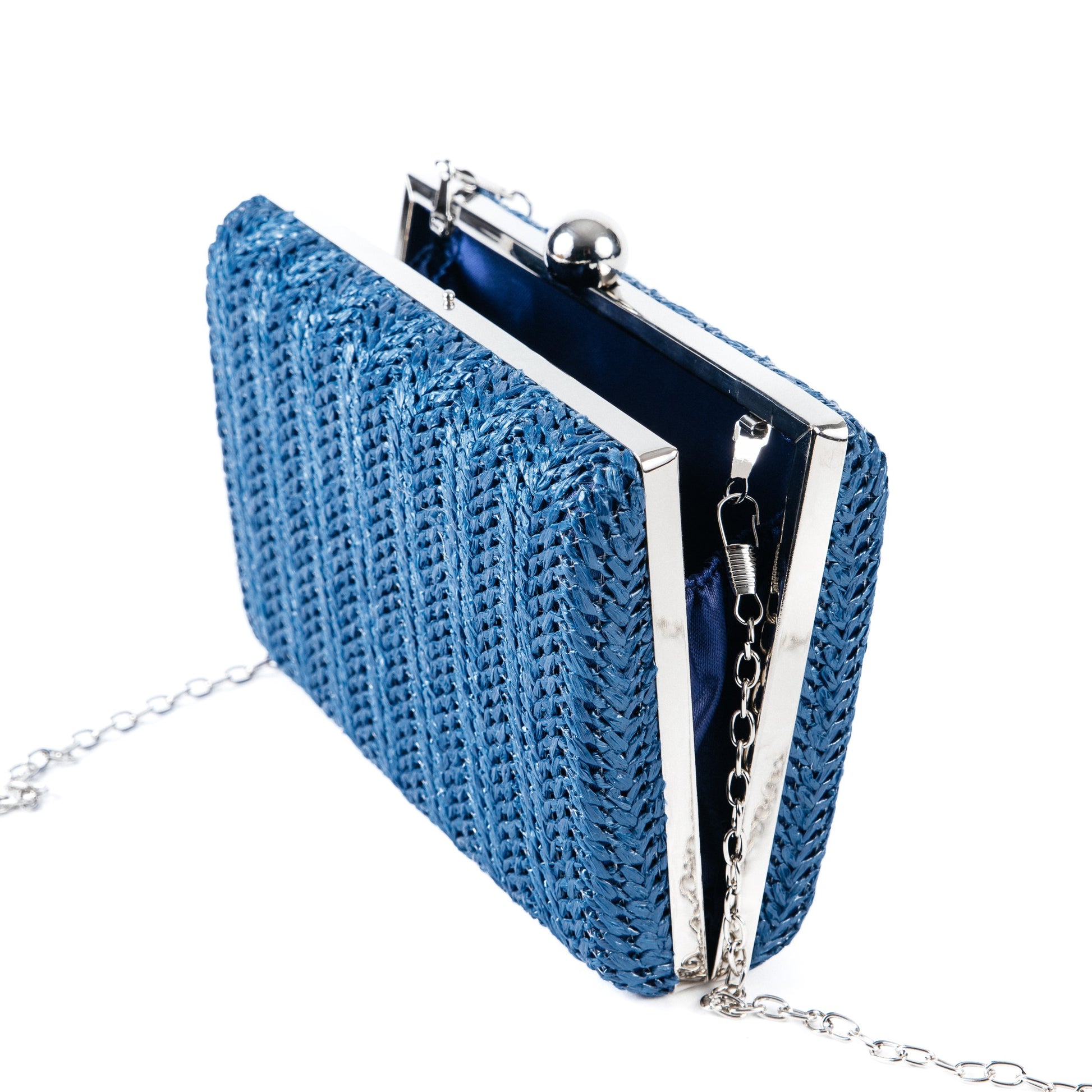 French Navy Woven Hard Case Box Clutch Bag - Amilu