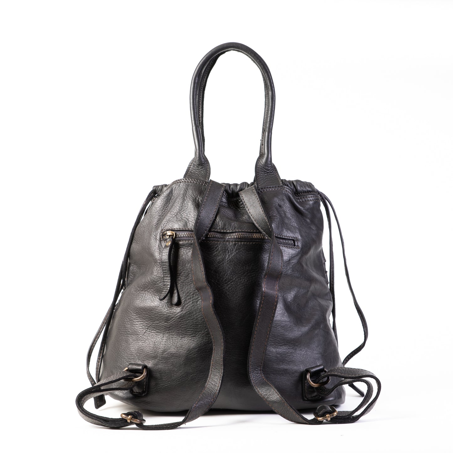 Classic Black Real Italian Washed Leather Medium Weave Rucksack Bag - Amilu