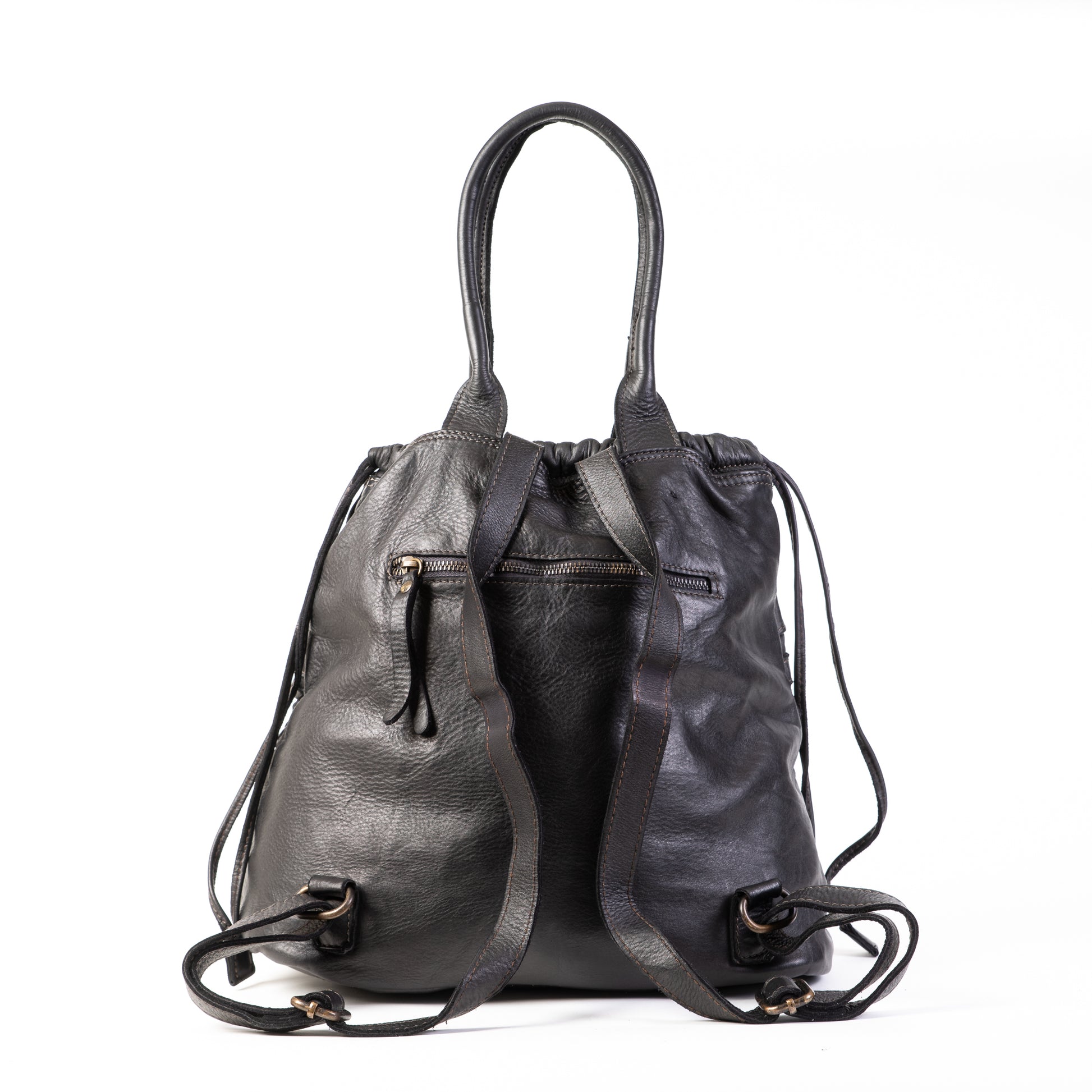 Classic Black Real Italian Washed Leather Medium Weave Rucksack Bag - Amilu