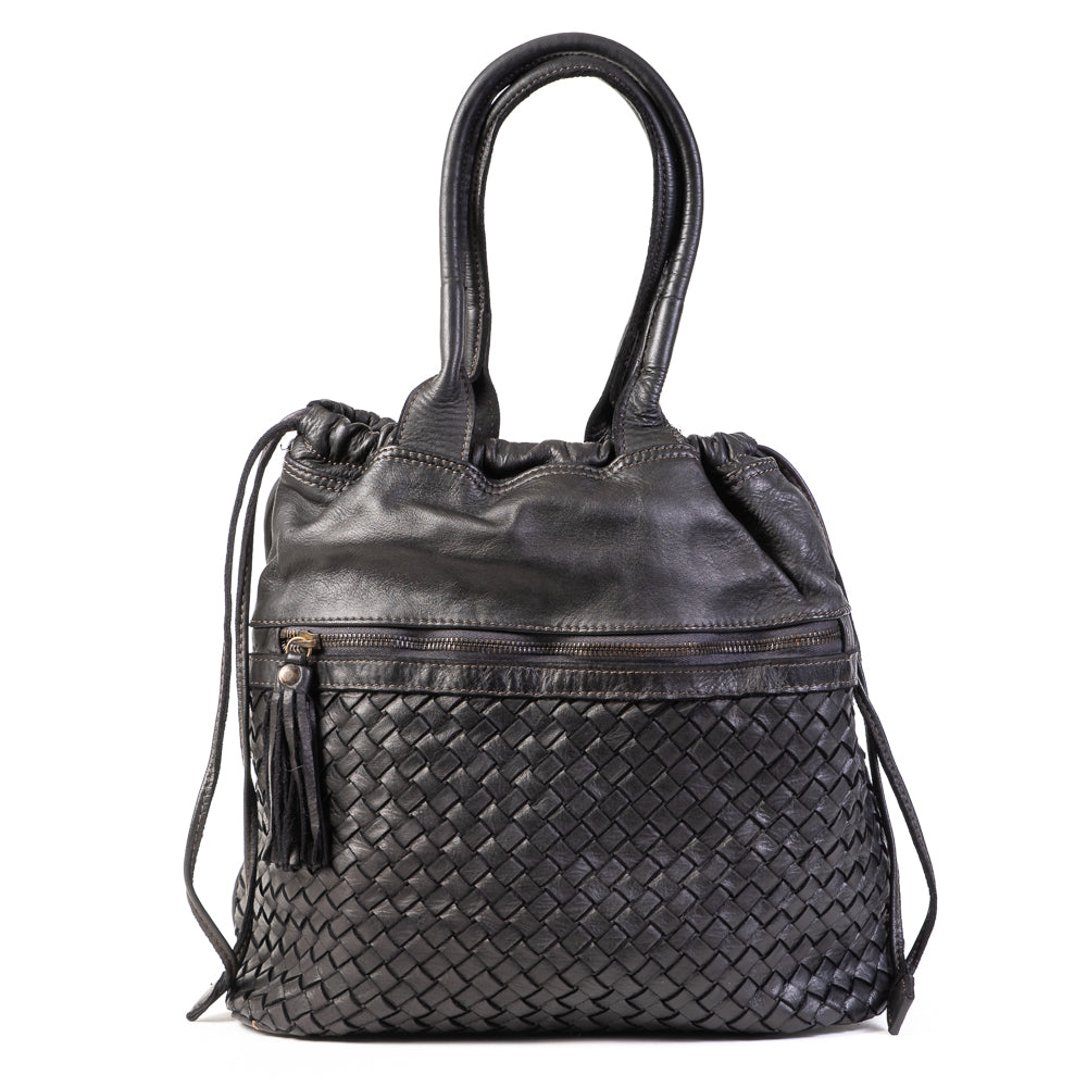 Classic Black Real Italian Washed Leather Medium Weave Rucksack Bag - Amilu