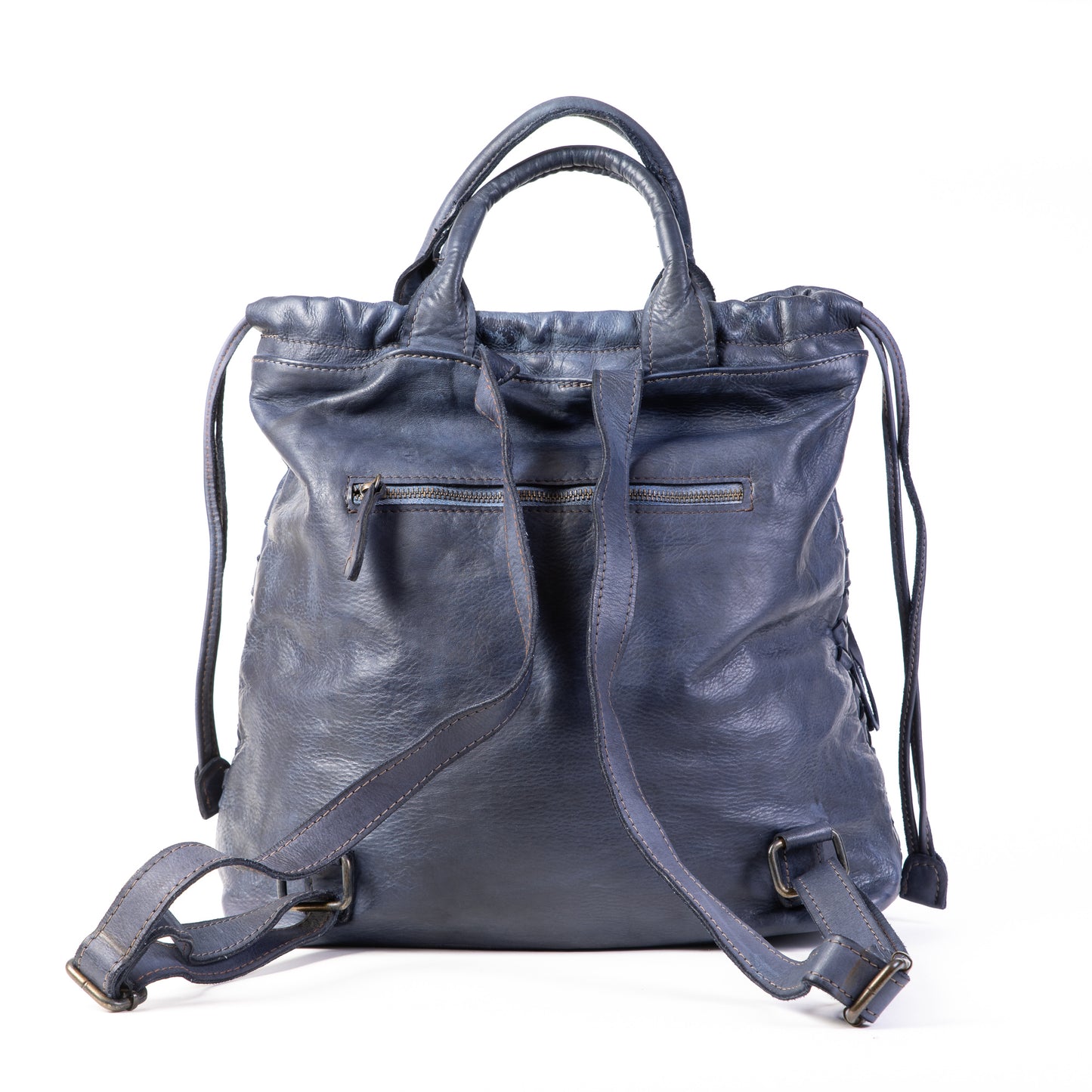 Classic Navy Real Italian Washed Leather Medium Weave Rucksack Bag - Amilu