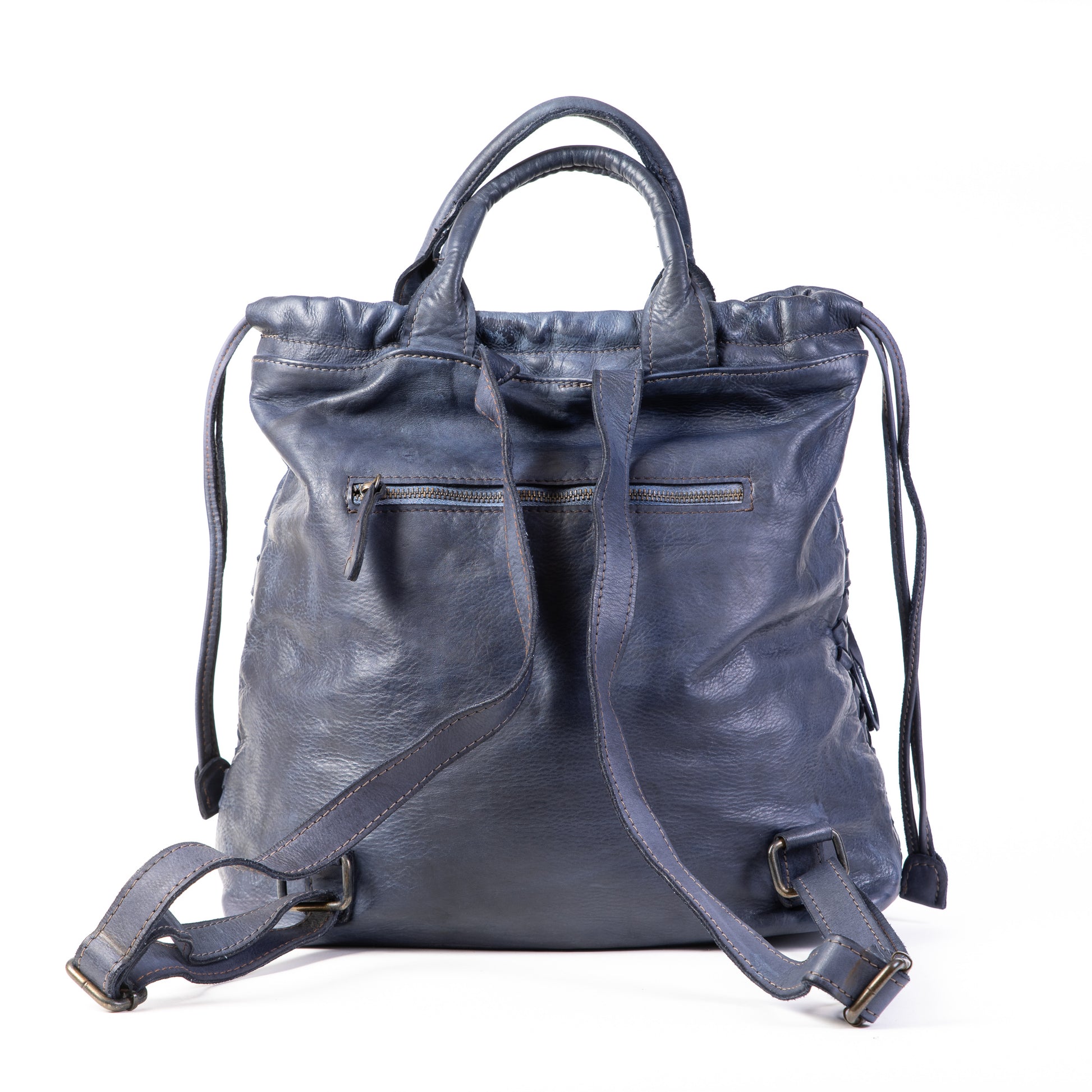 Classic Navy Real Italian Washed Leather Medium Weave Rucksack Bag - Amilu