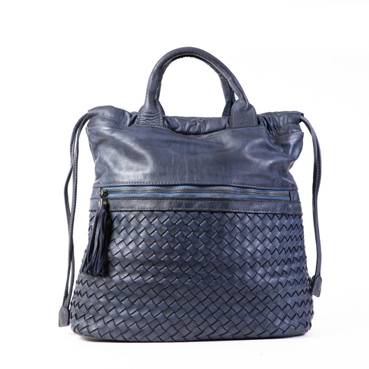 Classic Navy Real Italian Washed Leather Medium Weave Rucksack Bag - Amilu