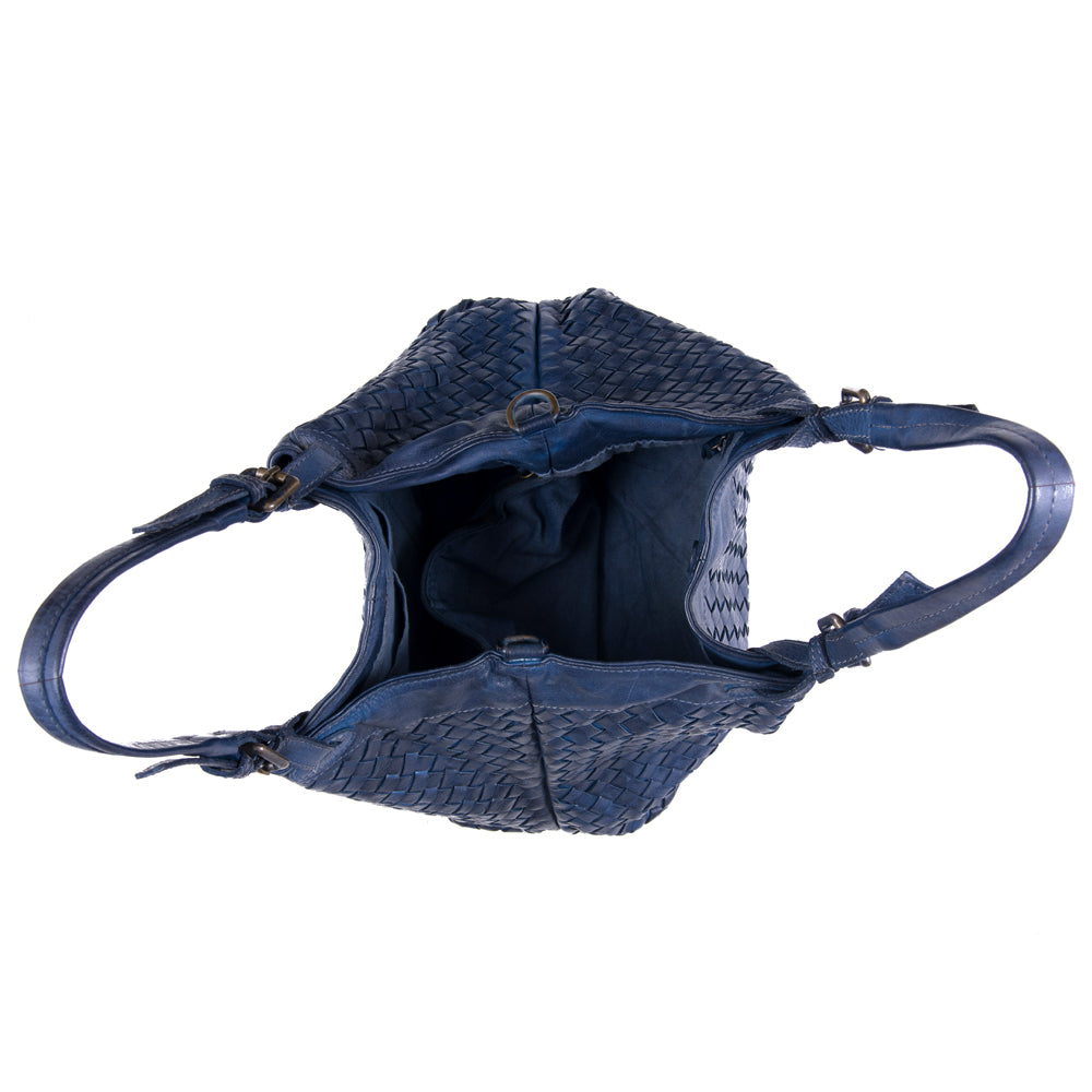 Portobello Classic Navy Real Italian Leather Weave Shoulder Bag - Amilu