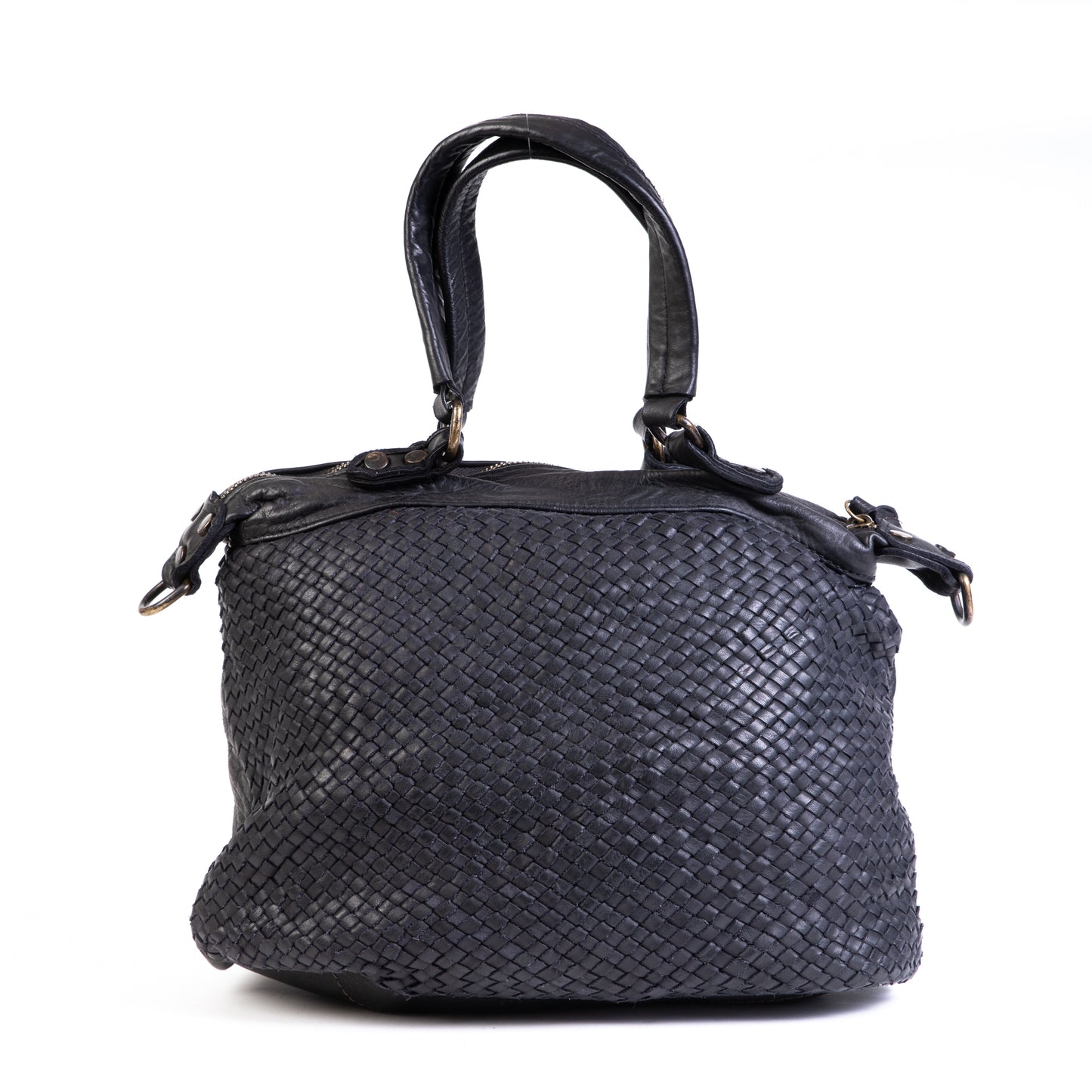 Classic Black Real Italian Washed Leather Medium Weave Tote Shoulder Bag - Amilu