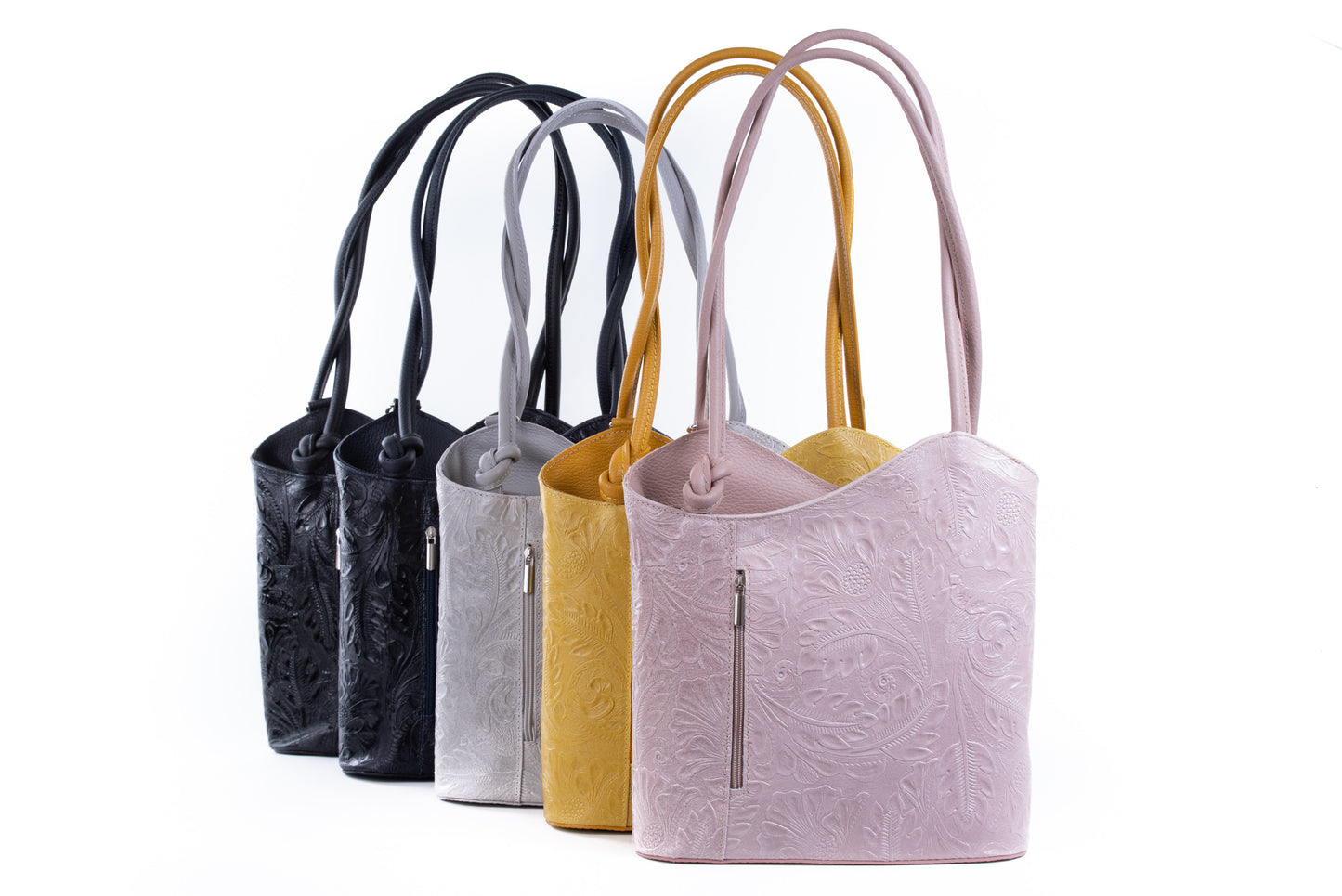 Rose Pink Florens Embossed Real Leather Shoulder Backpack Bag - Amilu