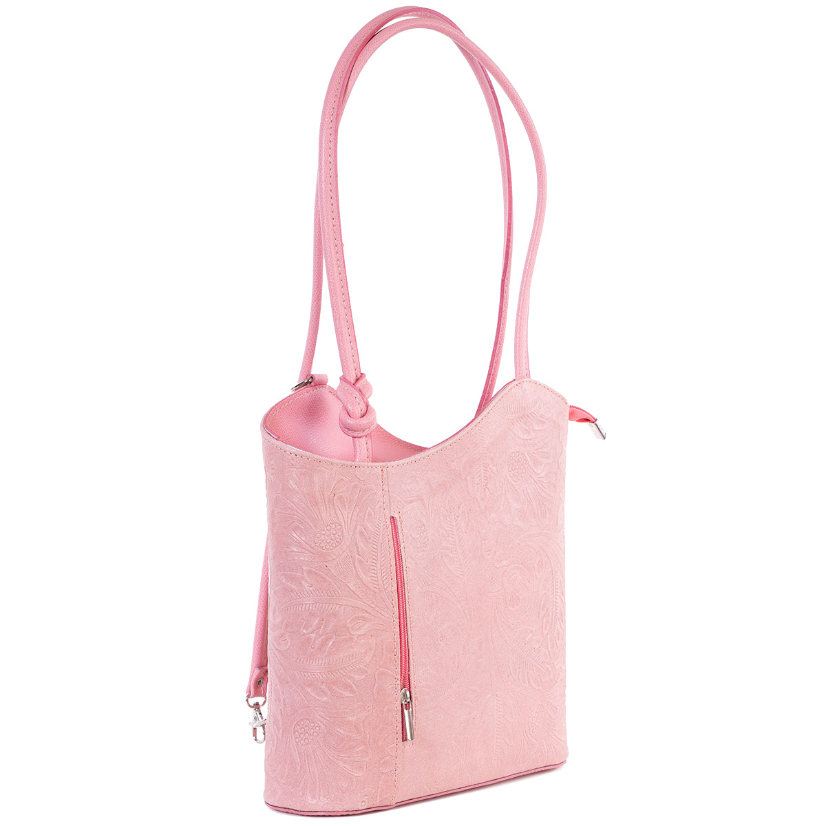 Rose Pink Florens Embossed Real Leather Shoulder Backpack Bag - Amilu