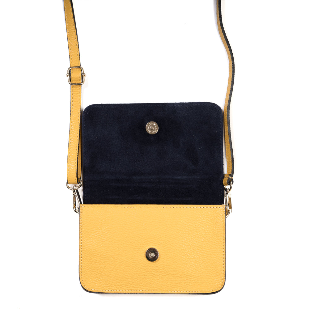 Yellow and Navy Blue Two Tone Leather and Suede Cross Body Bag Amilu