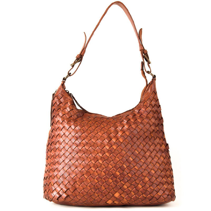 Classic Tan Real Italian Leather Weave Shoulder Bag - Amilu