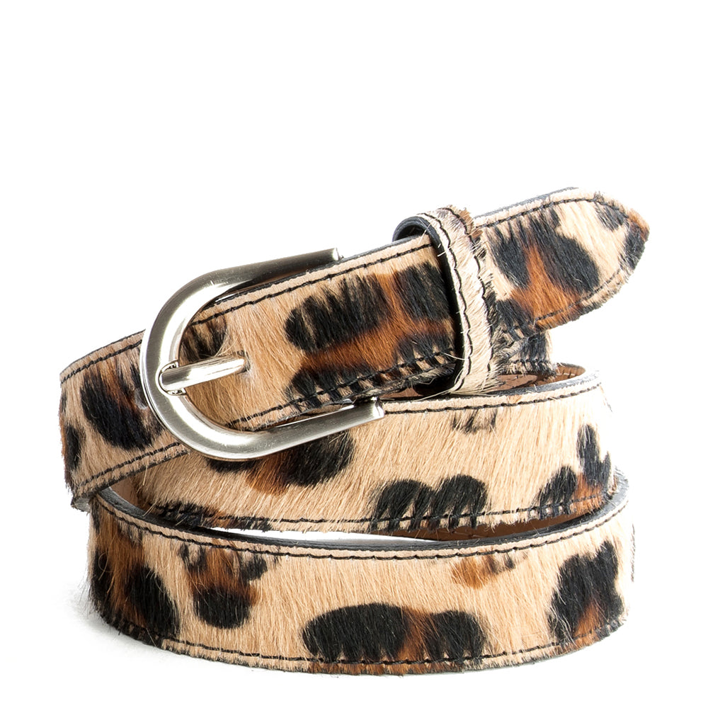 Leopard Cow Hair and Real Leather Narrow Belt - Amilu