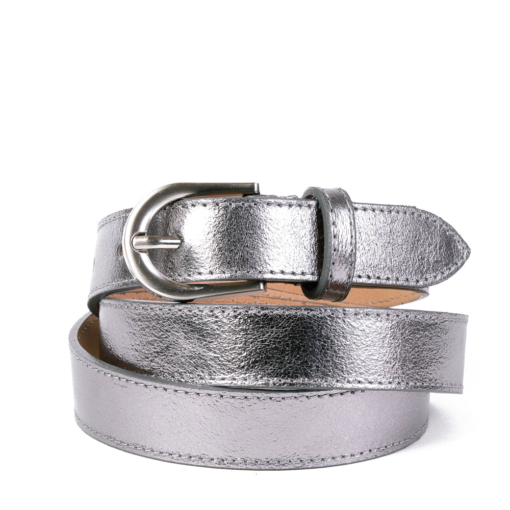 Silver Real Italian Leather Narrow Belt - Amilu