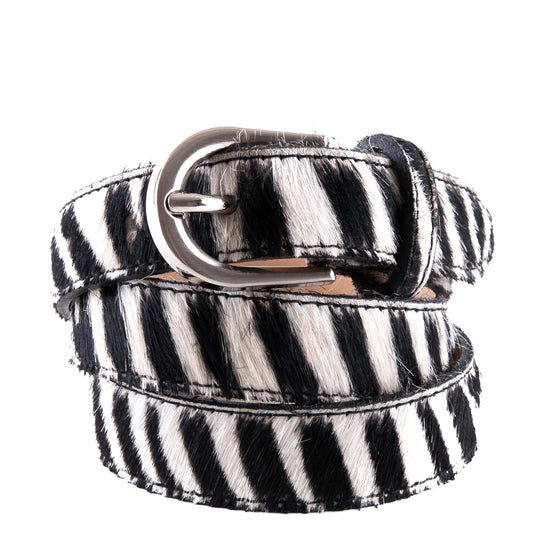 Zebra Cow Hair and Real Leather Narrow Belt - Amilu